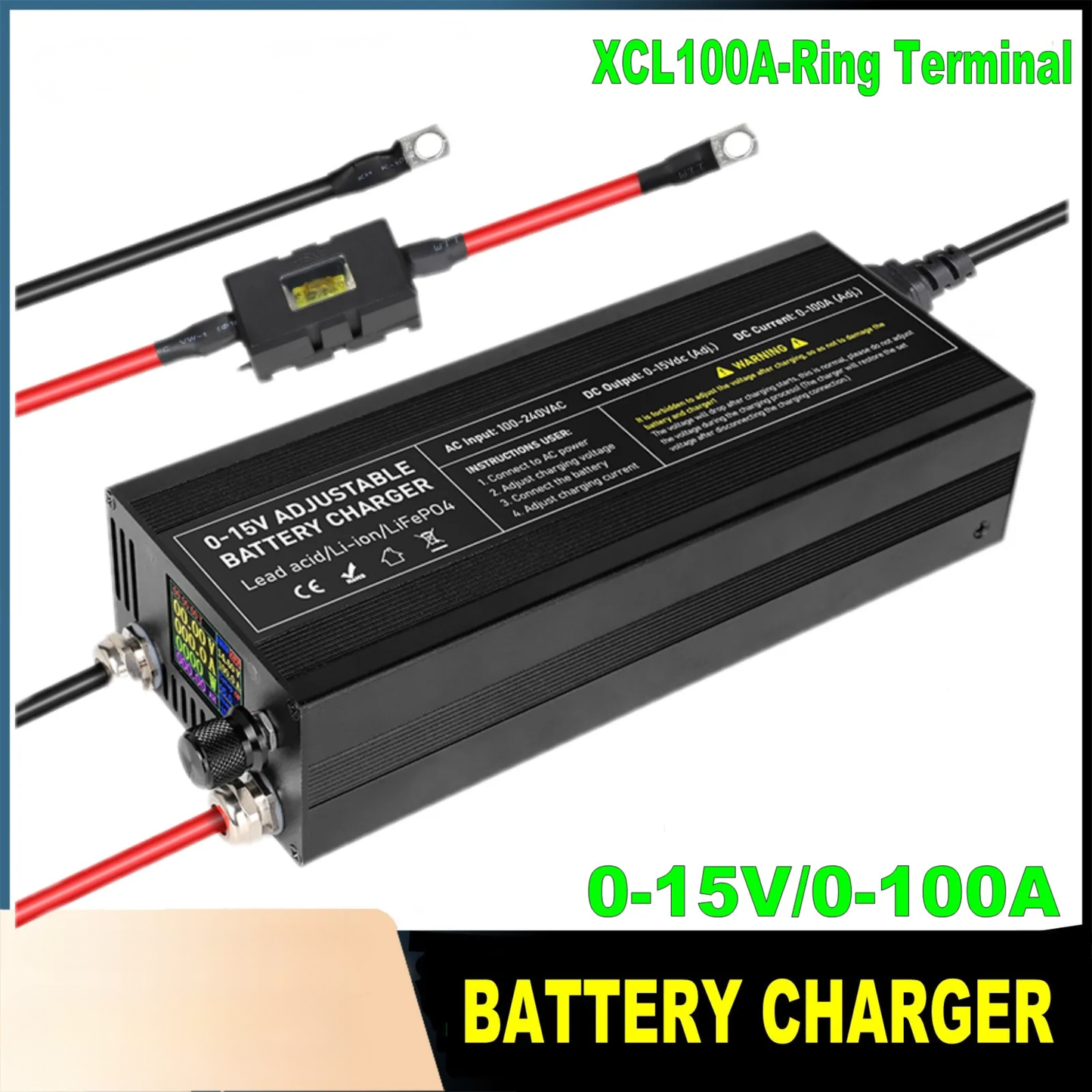 12V LiFePO4 100A Smart Battery Charger Adjustable Display