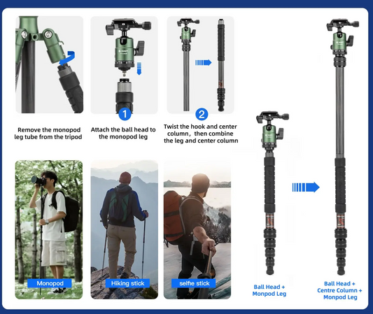 Portable Carbon Fiber Camera Tripod 151cm with Monopod Black