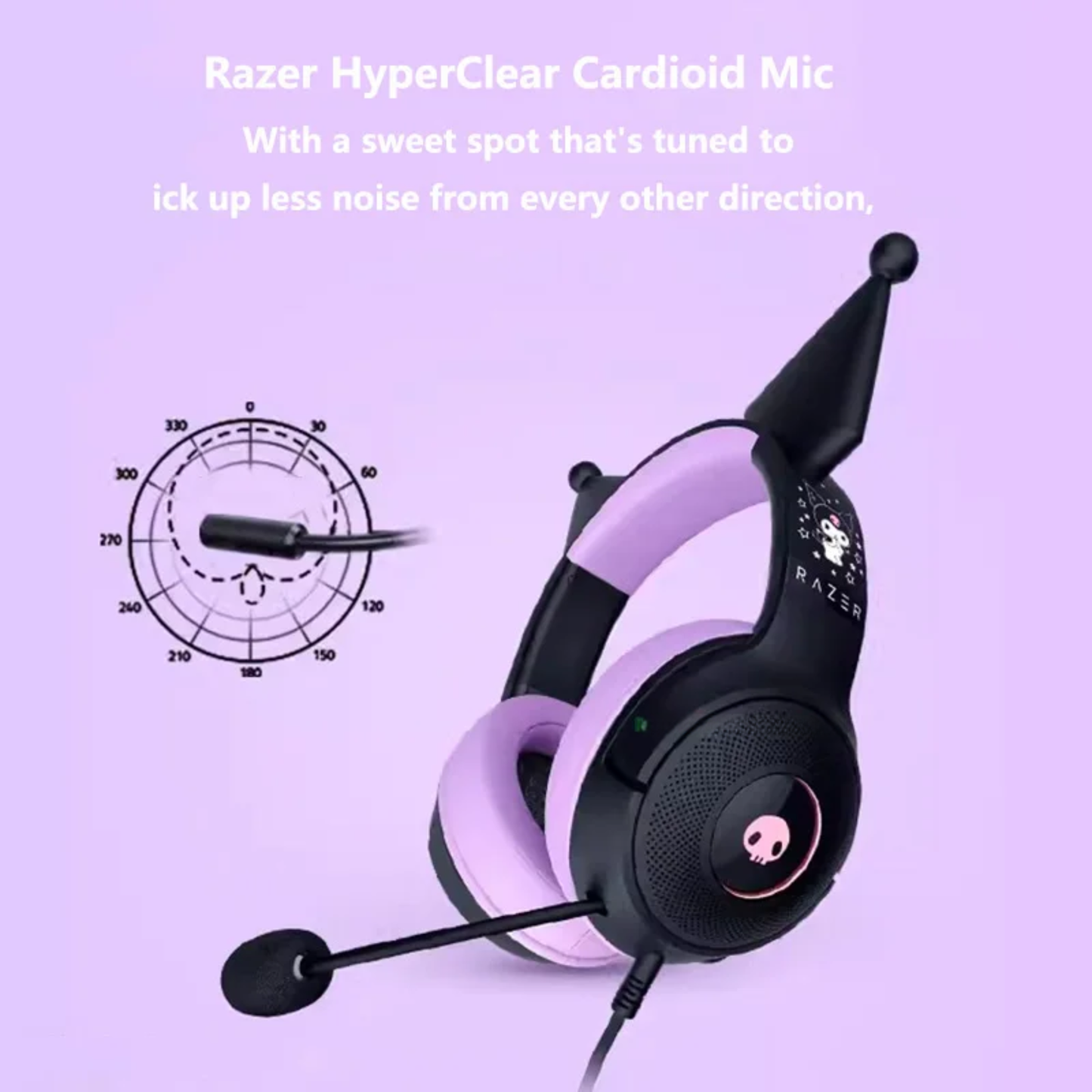USB Wired Gaming Headset with Cardioid Mic and Kuromi Ears