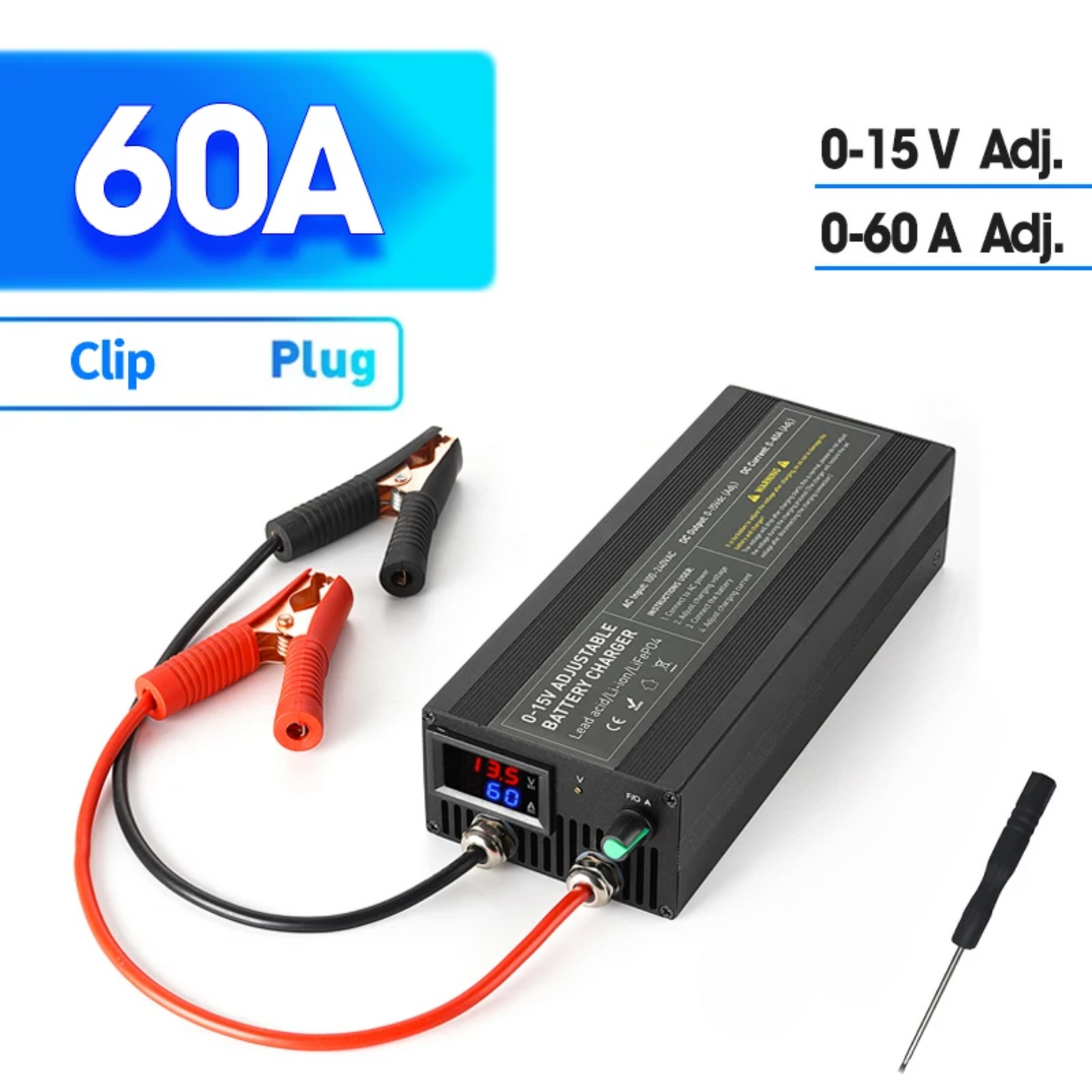 Adjustable 0 to 15V 60A Lithium Battery Charger with Clip