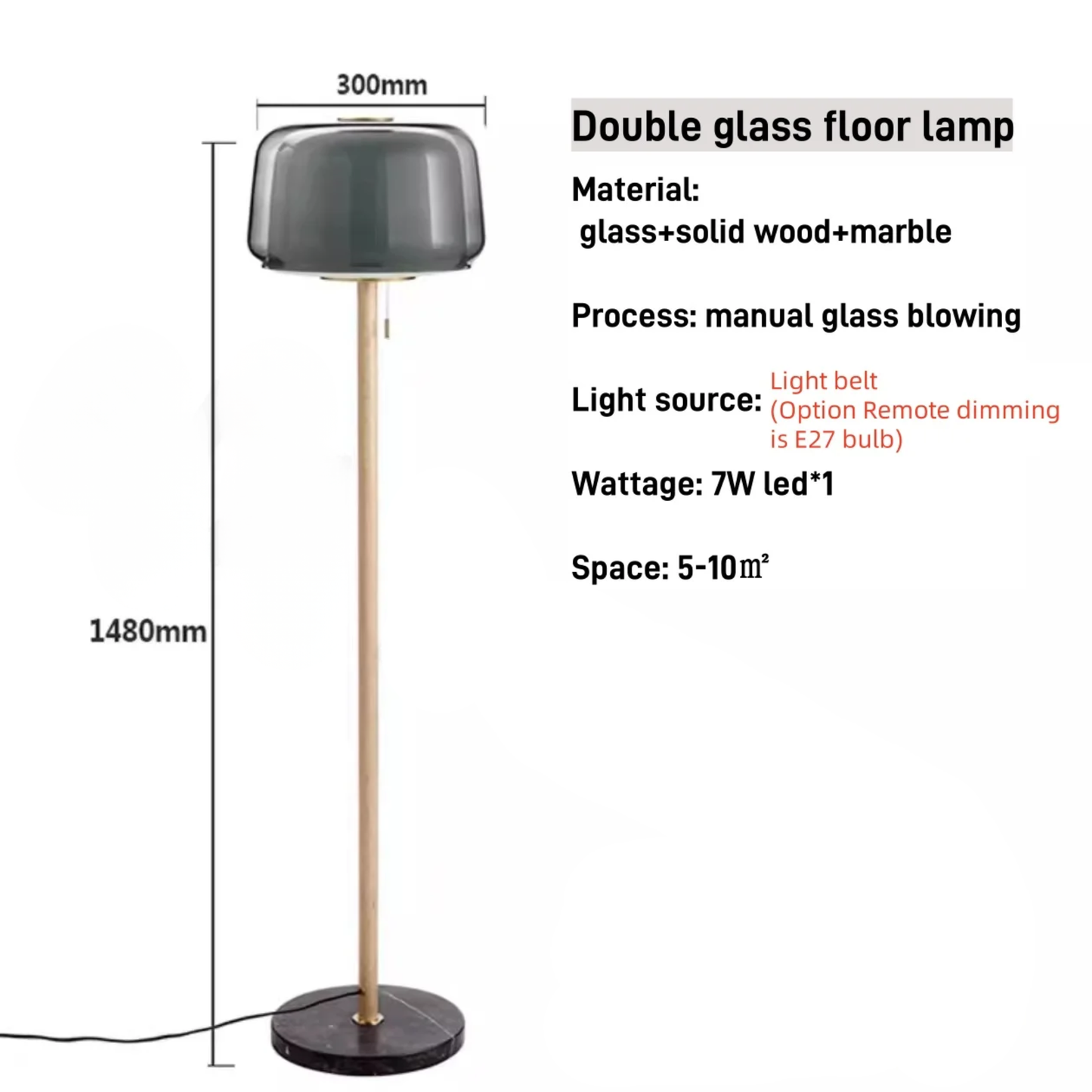 Modern Glass Floor Lamp 148cm Remote Dimmable LED