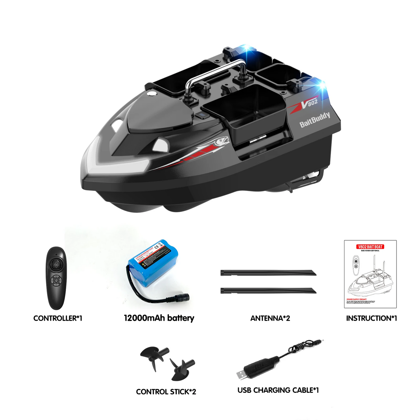 GPS Fishing Bait Boat 12000mAh 4 Hoppers 500M