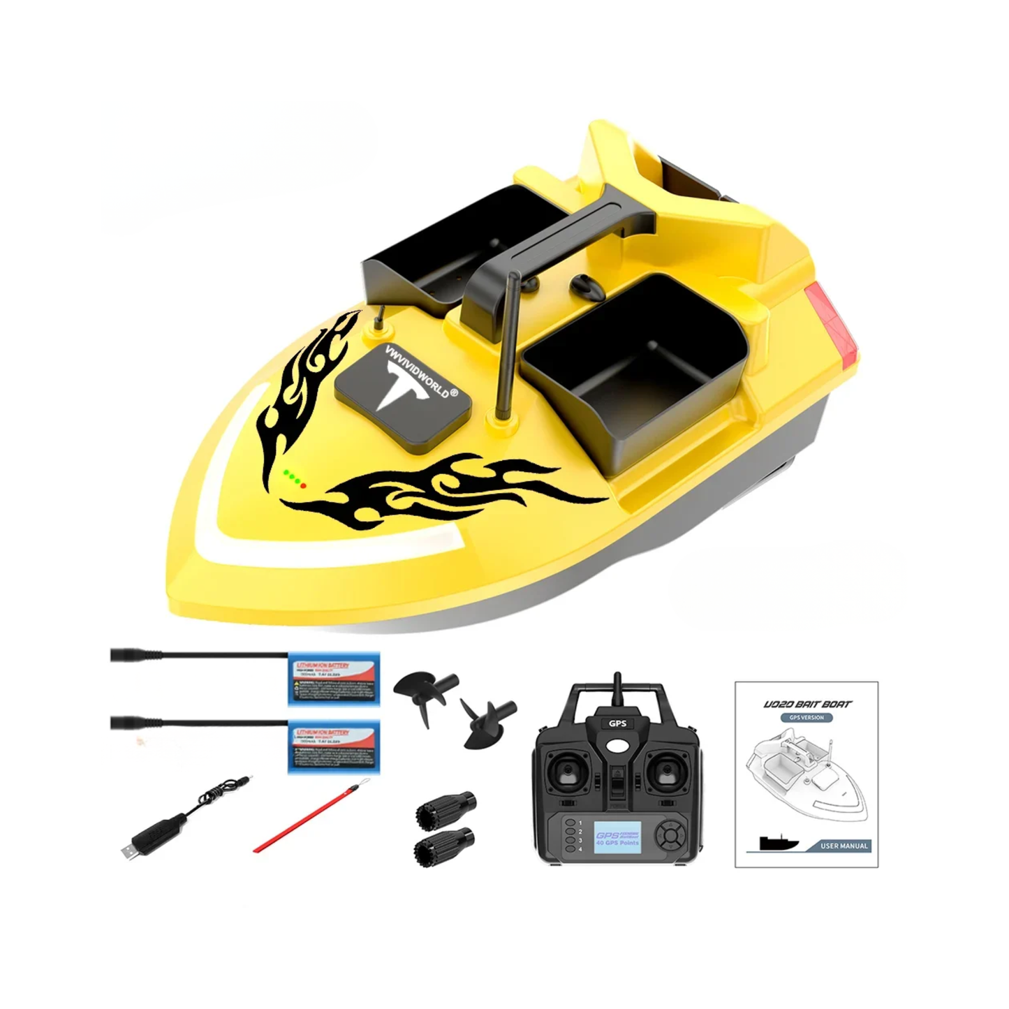 V020 Yellow RC Bait Boat 24000mAh Long Battery Life