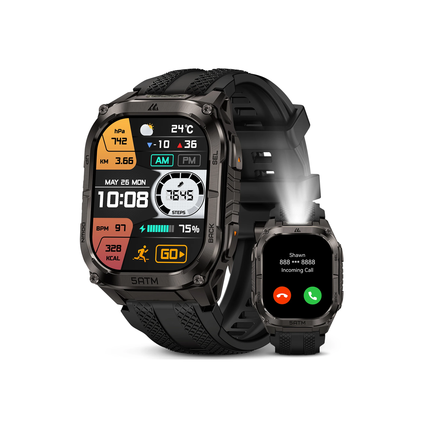 Rugged Smartwatch Black GPS Flashlight 50M Waterproof