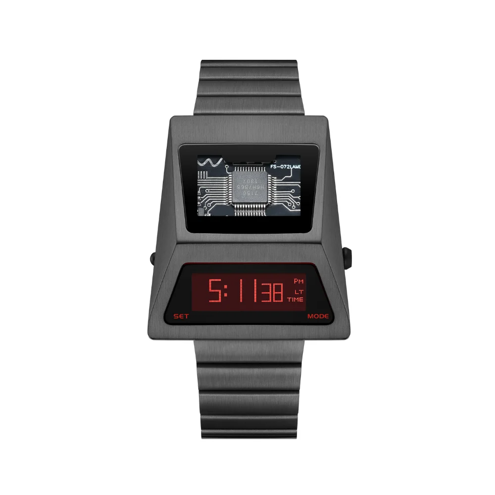 Retro Grey Red OLED Digital Watch Stainless Strap