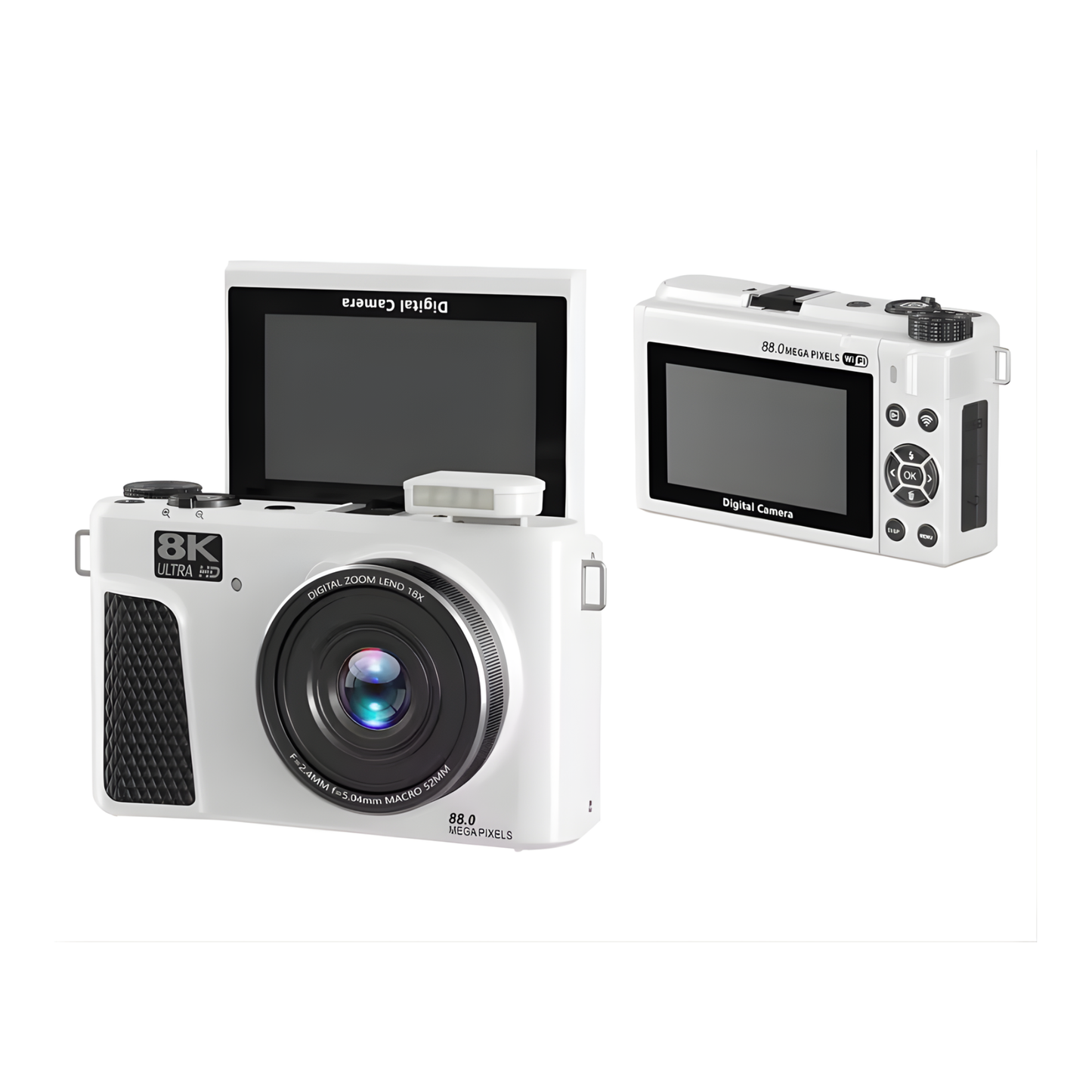 8K 88MP WiFi Digital Camera White 18x Zoom Flip Screen