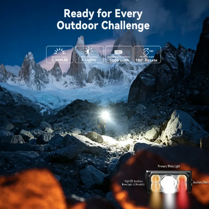 Rechargeable LED Headlamp 3500LM 349m USB-C White Red Light