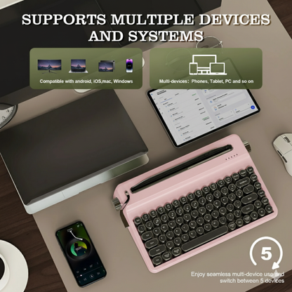 Wireless Retro Mechanical Keyboard Pink RGB Typewriter Style Linear Switch