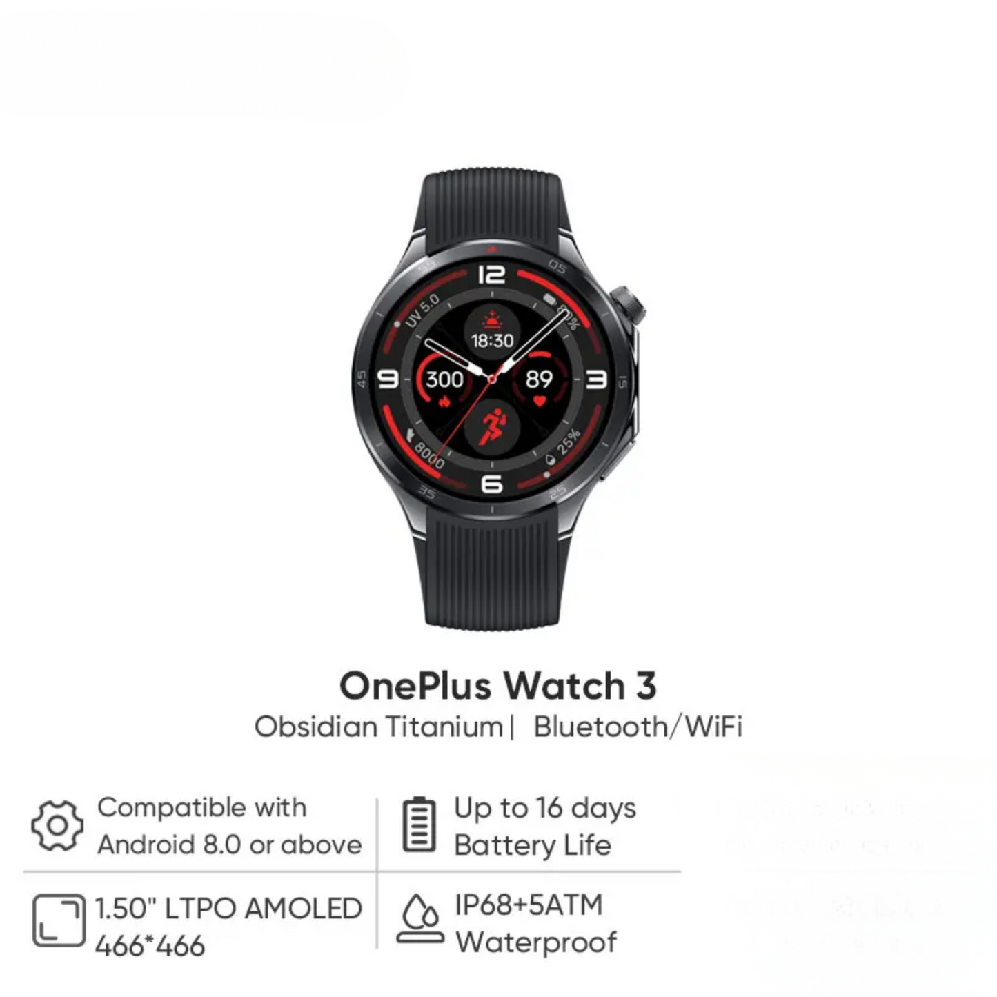 OnePlus Watch 3 Obsidian Titanium 1.5in AMOLED Wear OS Smartwatch