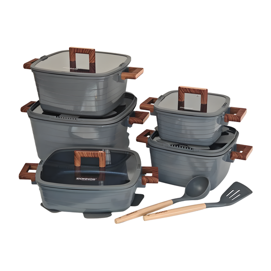 Complete Kitchen Cookware Set Non-Stick 15 Piece Gray