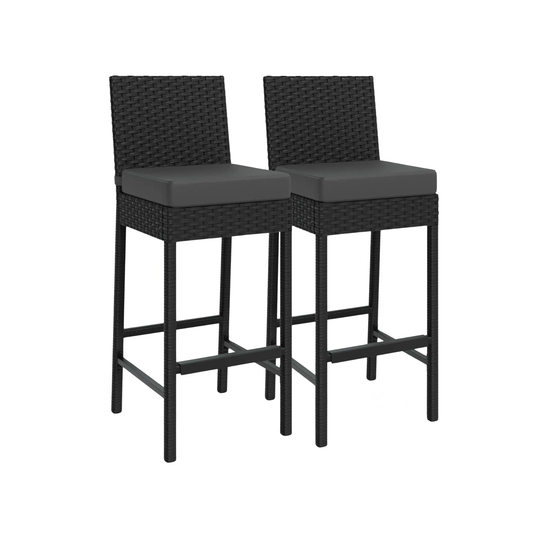 Dark Grey Outdoor Wicker Bar Stools Set with Cushions