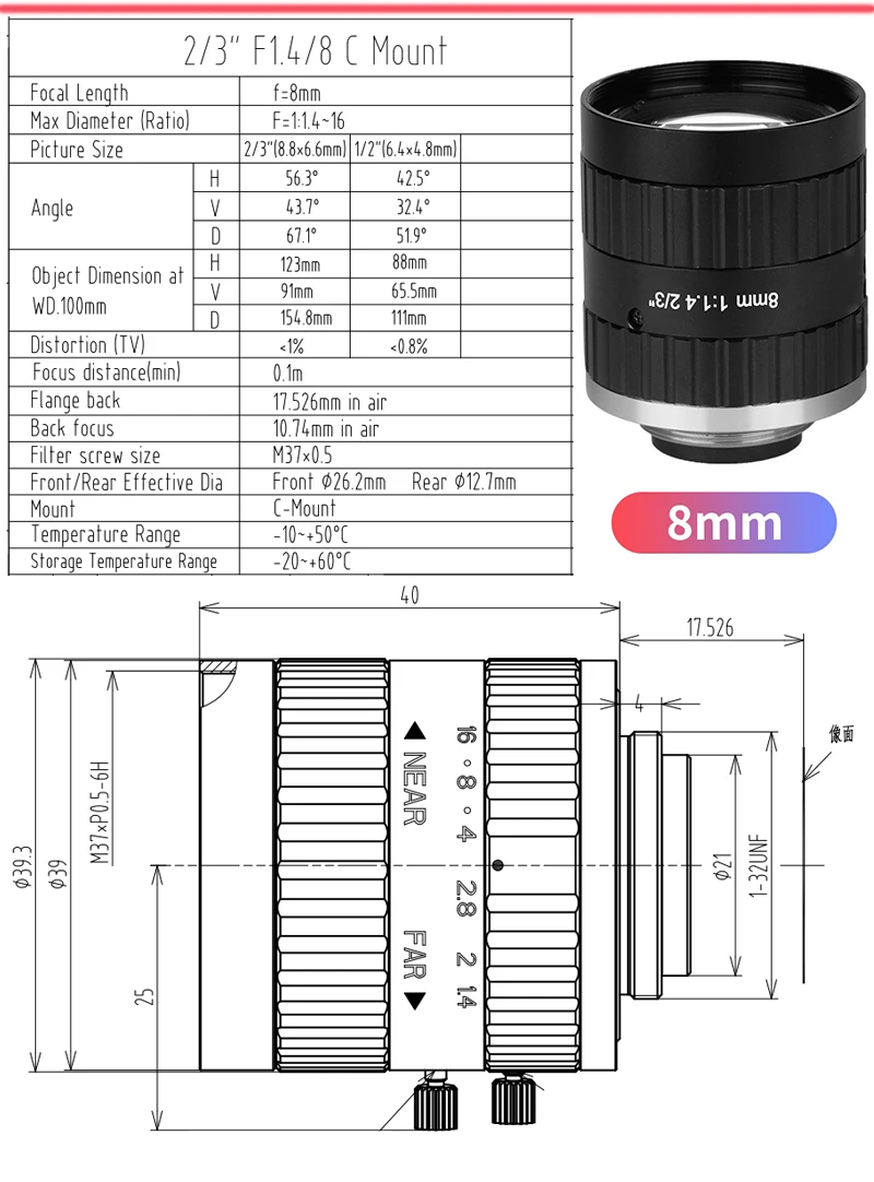 8mm 5MP Industrial C Mount Camera Lens