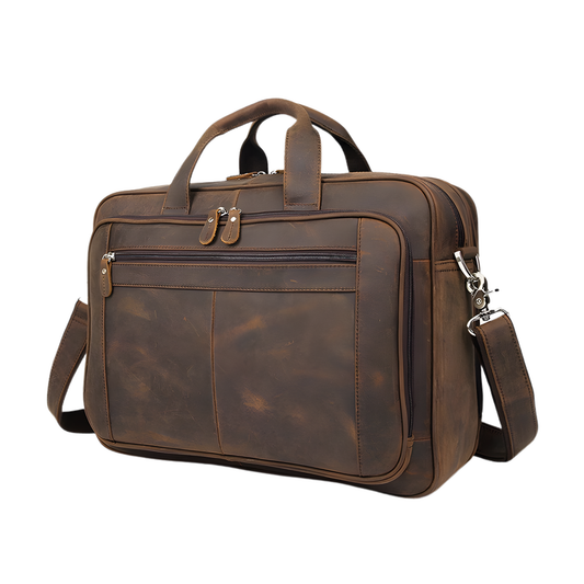 Coffee Leather Business Laptop Bag 17" with Shoulder Strap