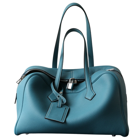 Large Leather Bowling Handbag Laptop Tote Work Bag Blue