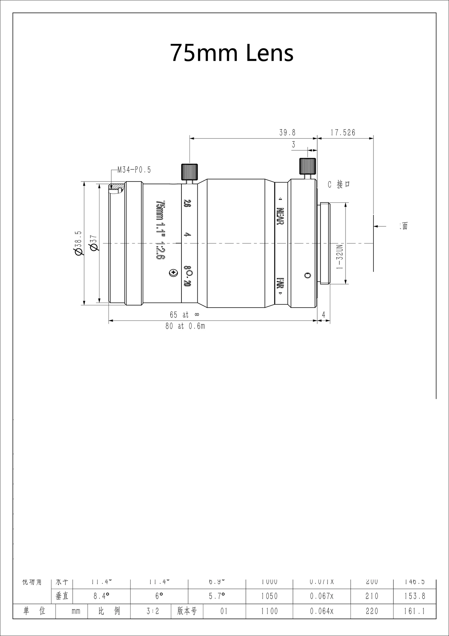 20MP HD C-Mount Machine Vision Lens 75mm