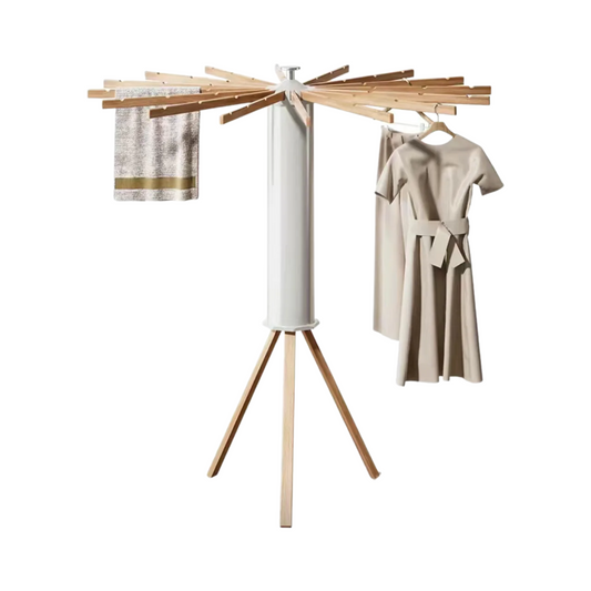 Foldable Wood Finish Laundry Rack Indoor Bedroom Tripod Design