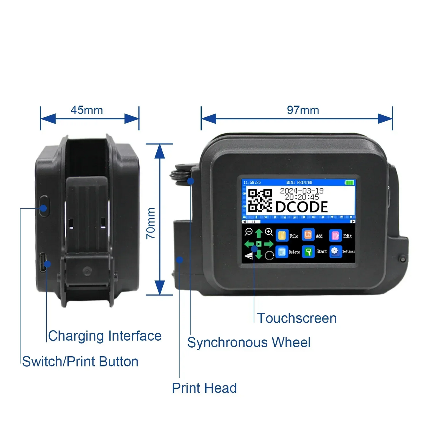 Portable Mini Coding Printer with 2 Ink Cartridges