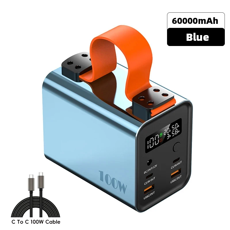 Portable 60000mAh 100W USB-C Power Bank Blue