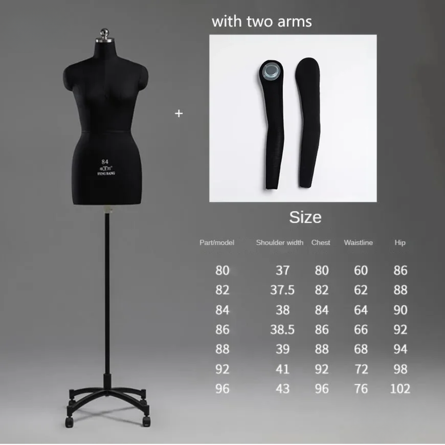Female Tailor Mannequin with Arms Black Stand