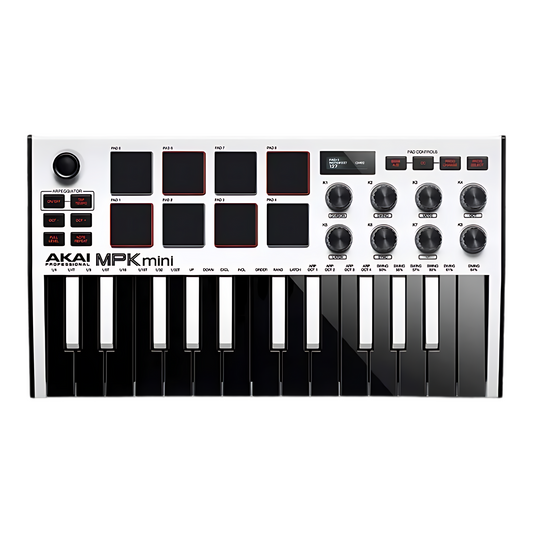 Compact White MIDI Controller with 8 Knobs and Pads