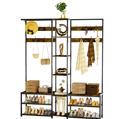 Rustic Corner Coat Rack Bench with Shoe Storage & Hooks