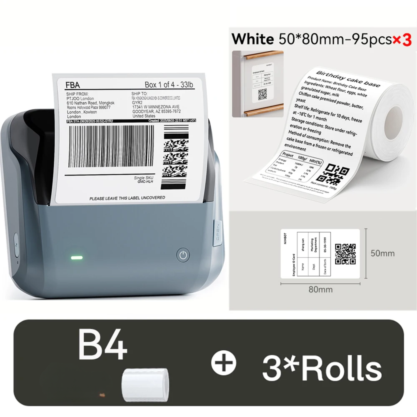 Thermal Sticker Label Printer 50x80mm with 3 Paper Rolls