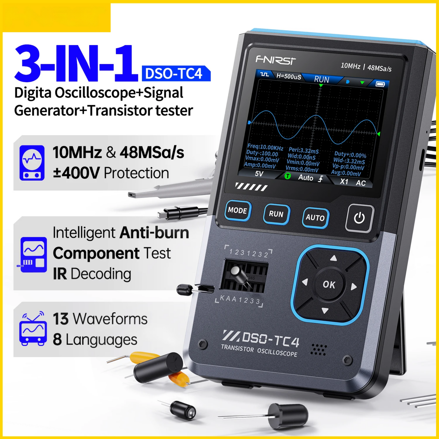 Portable 3 in 1 Digital Oscilloscope with Transistor Tester