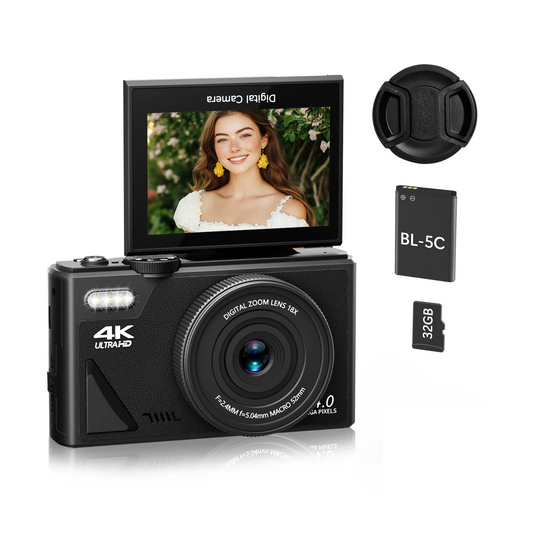 Compact 4K Digital Camera 64MP 18X 32GB Black