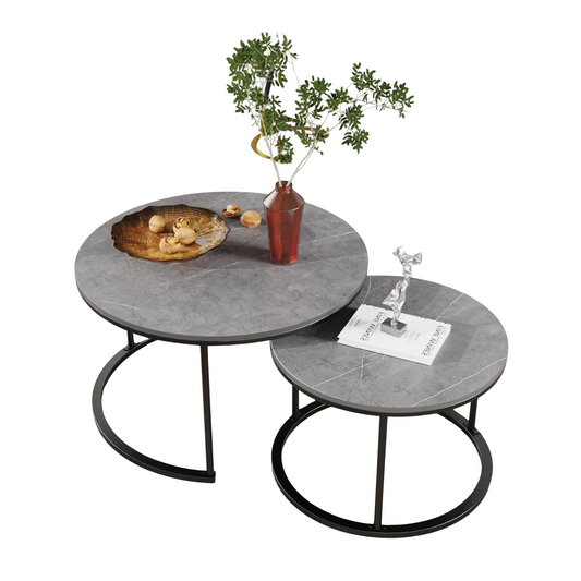 2-in-1 Round Marble Side Table Set Metal Frame Design
