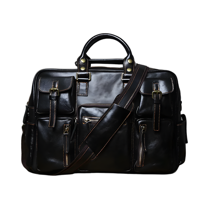 Black Leather Laptop Briefcase Large Capacity Travel Ready