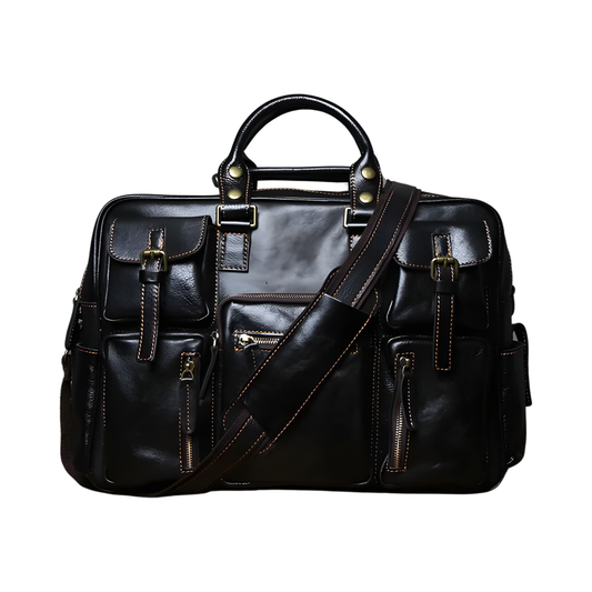 Black Leather Laptop Briefcase Large Capacity Travel Ready