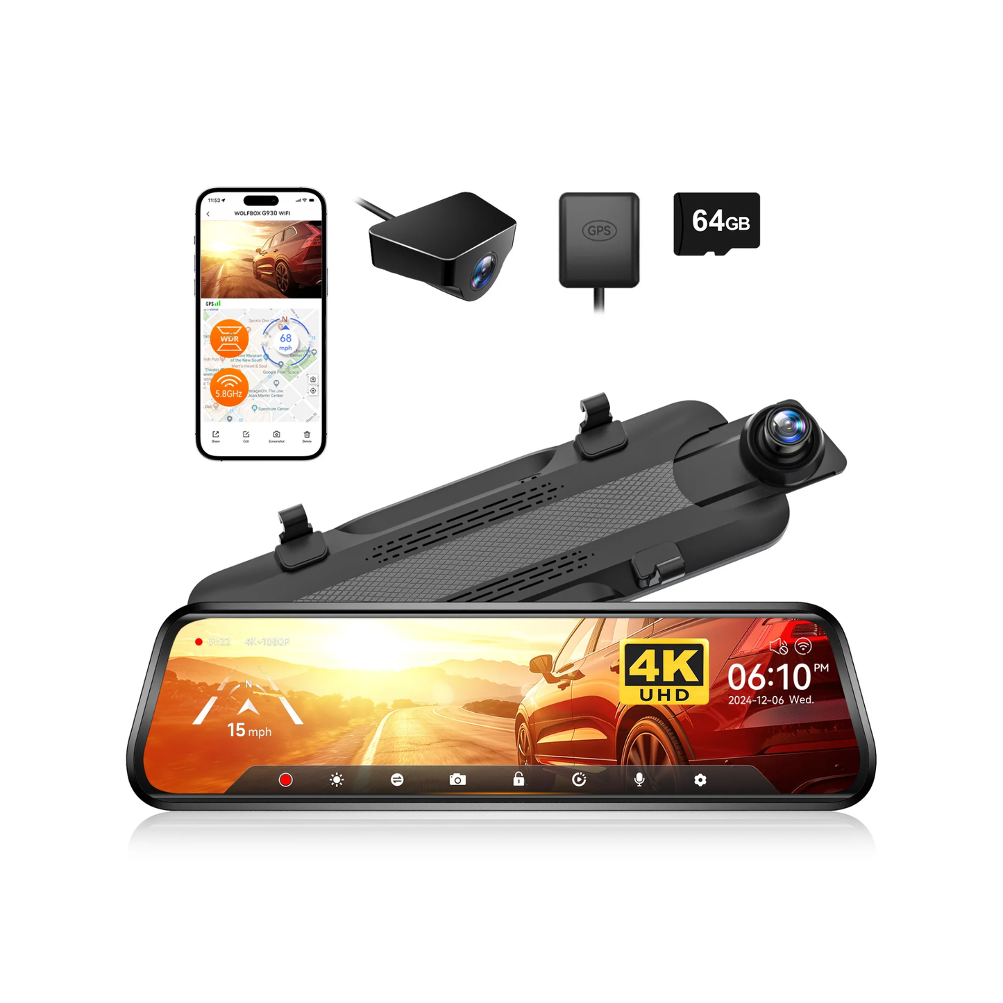 10" 4K Mirror Dash Cam with Touchscreen & Wi-Fi