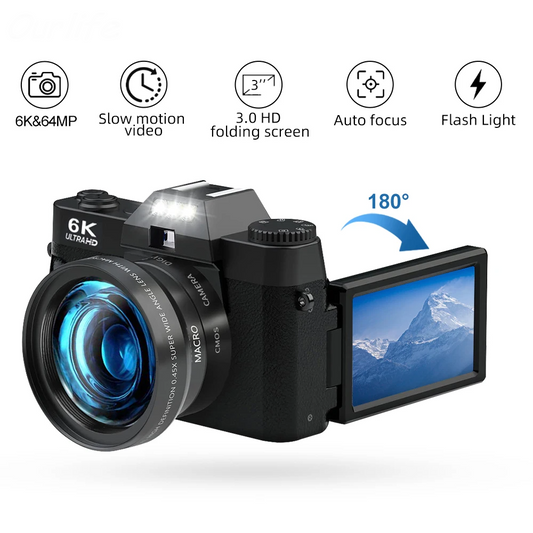6K Compact Digital Camera with 64GB and Dual Lens