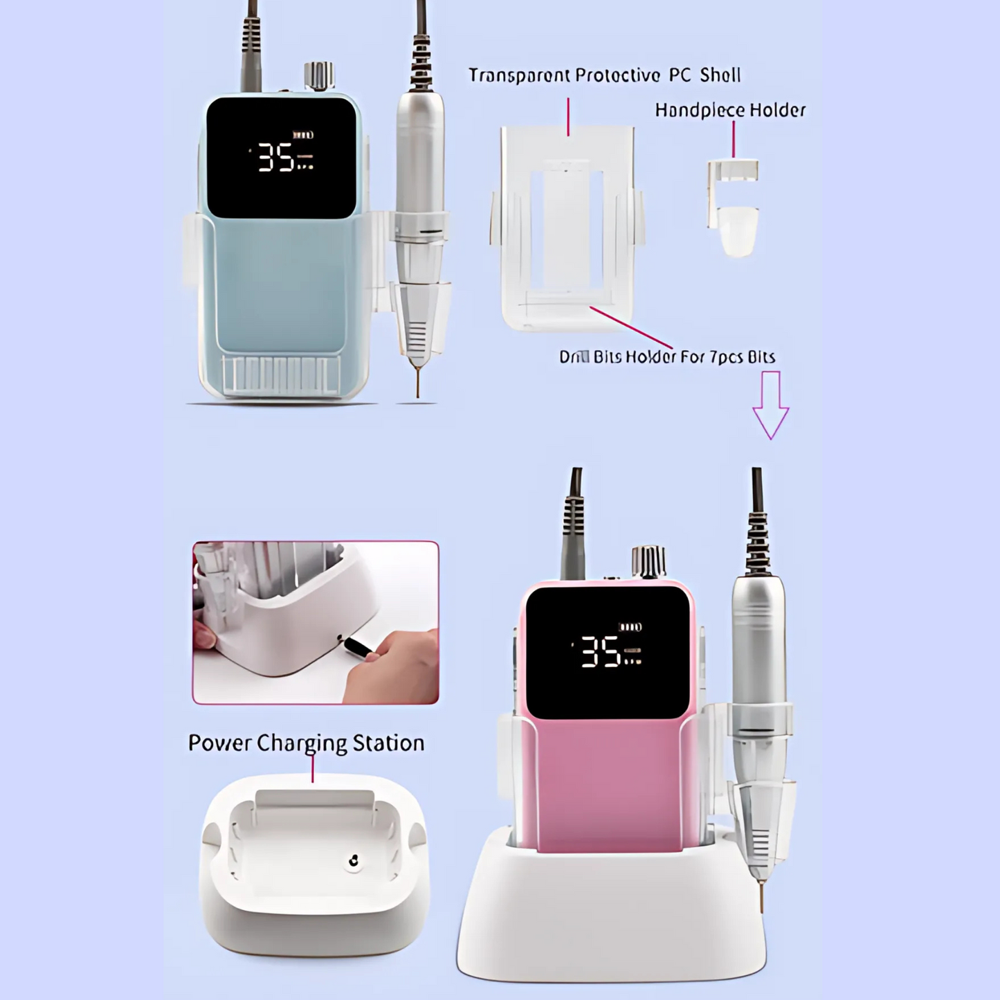 Mermaid Nail Drill 35000RPM Rechargeable Cordless Manicure Machine