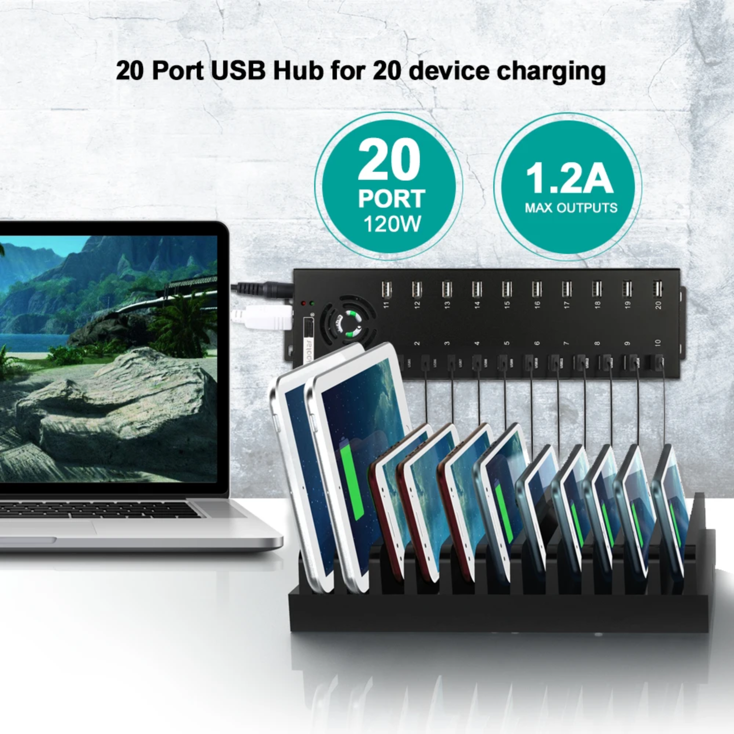 20-Port USB 2.0 Charging Hub with 12V Power Adapter