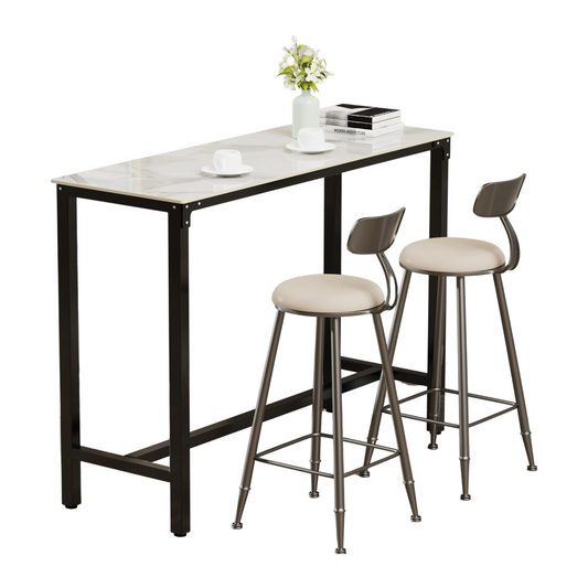 White Sintered Stone Bar Table with Black Metal Frame