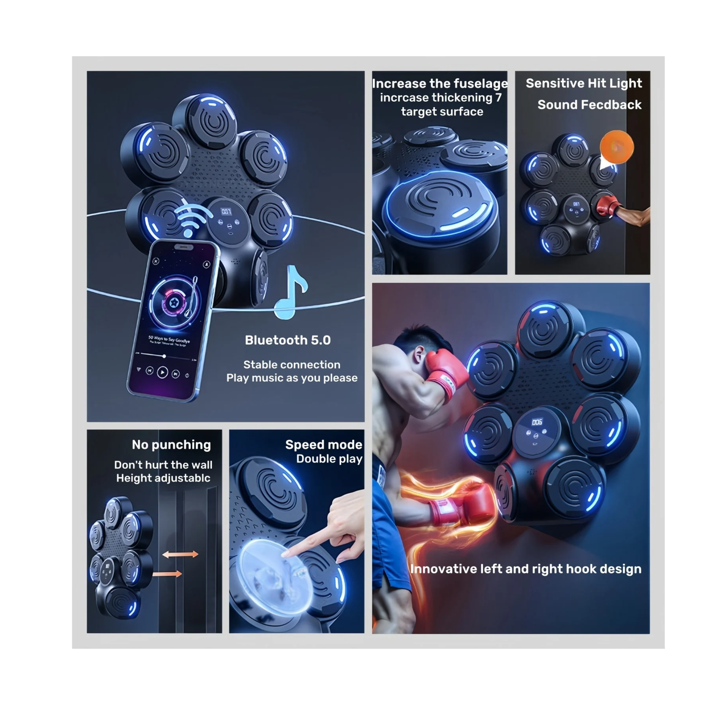 Wall Mounted Music Boxing Trainer Bluetooth Punch Target Black