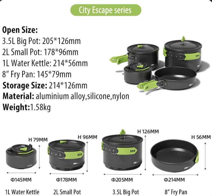 Portable Camping Cookware Set Pots Pan Kettle Mess Kit