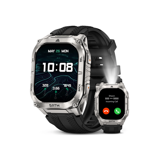 Silver Military Smartwatch GPS Health Tracker Flashlight