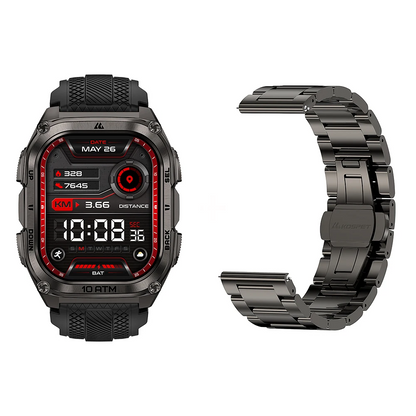 Black Rugged Smartwatch Pack 100M Waterproof with Bonus Strap