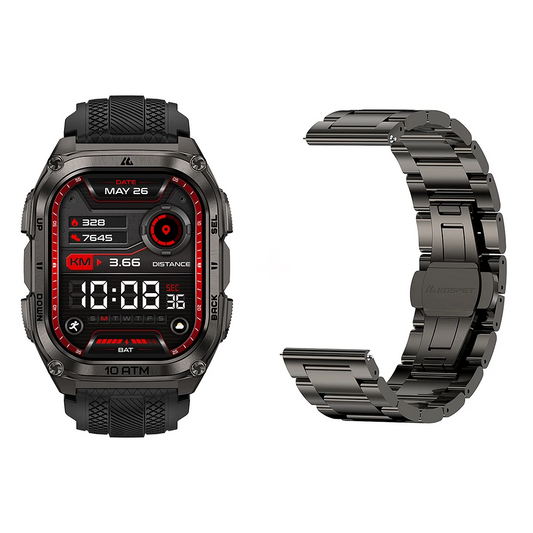 Black Rugged Smartwatch Pack 100M Waterproof with Bonus Strap