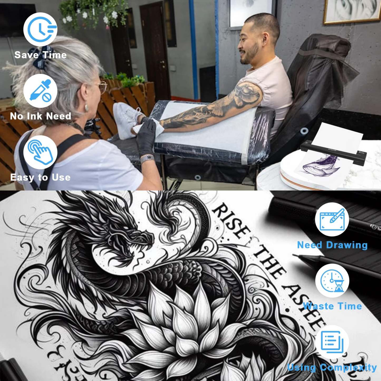 A4 Thermal Tattoo Stencil Printer Wireless Bluetooth Design Copier Black