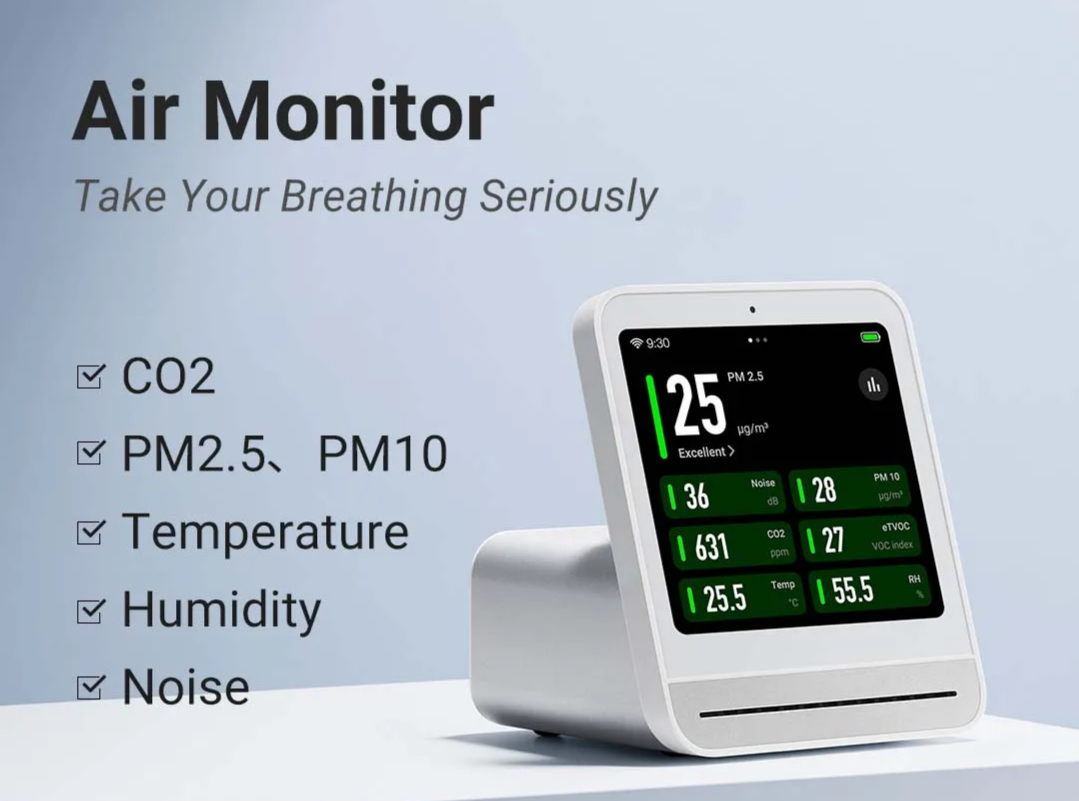Portable 7-Sensor Air Monitor Black with Alarm