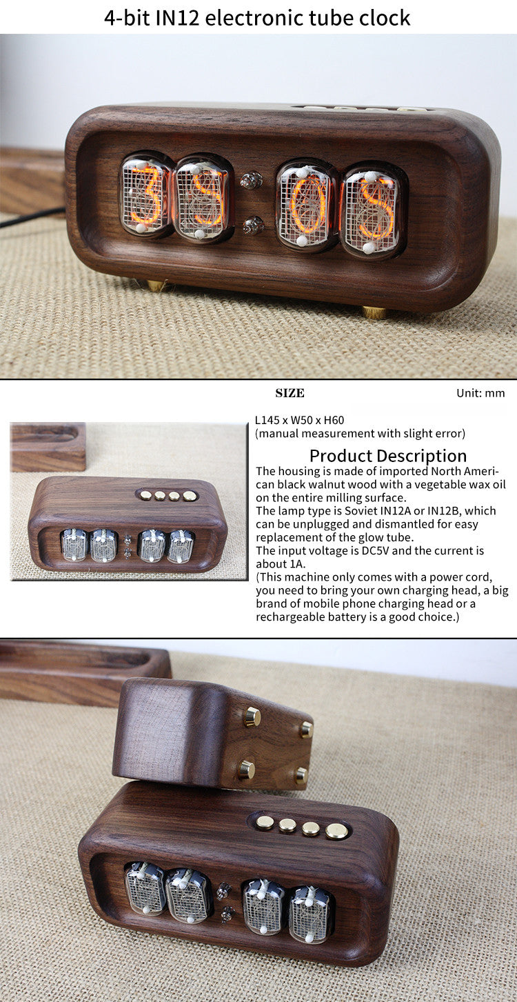 Vintage Glow Digital Tube Clock with Solid Wood Base