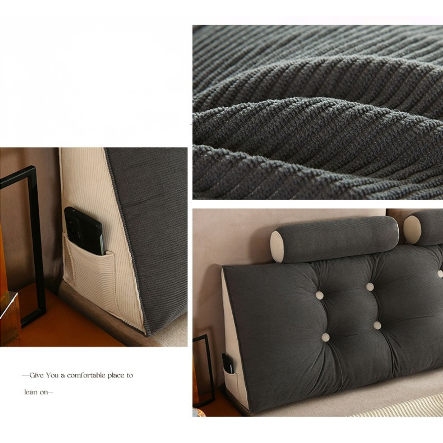 Grey Corduroy Wedge Pillow for Reading and Relaxing