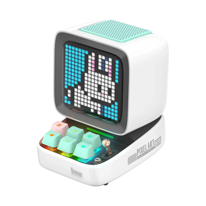 White Mini Retro Speaker with LED Pixel Art and Clock Function