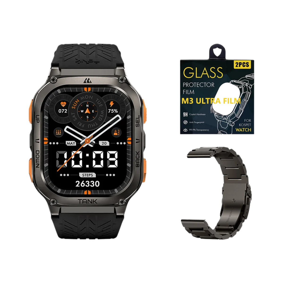 Black Waterproof Smartwatch Set with Replacement Band and Protector