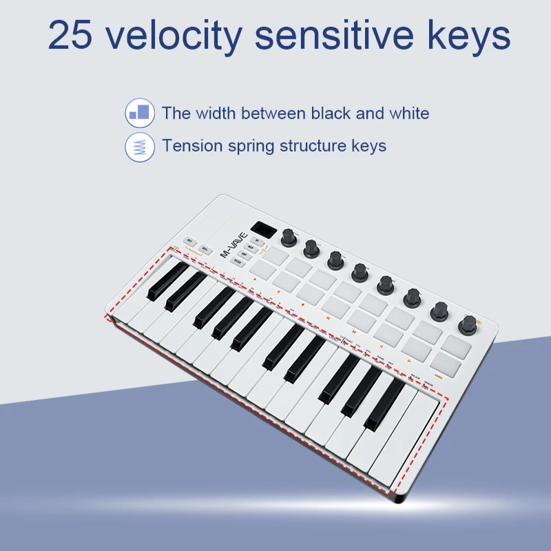 Compact 25 Key MIDI Controller with Drum Pads and Knobs