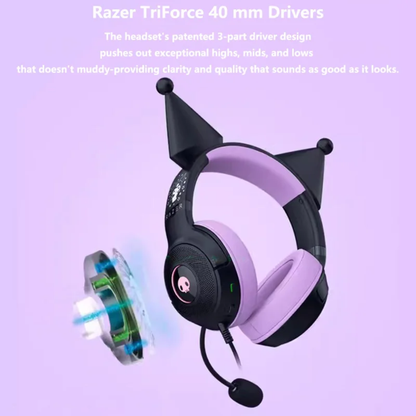 USB Wired Gaming Headset with Cardioid Mic and Kuromi Ears
