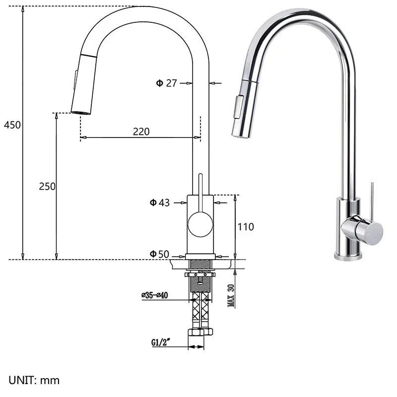 Pull Out Kitchen Sink Mixer Tap Chrome 2 Mode Faucet